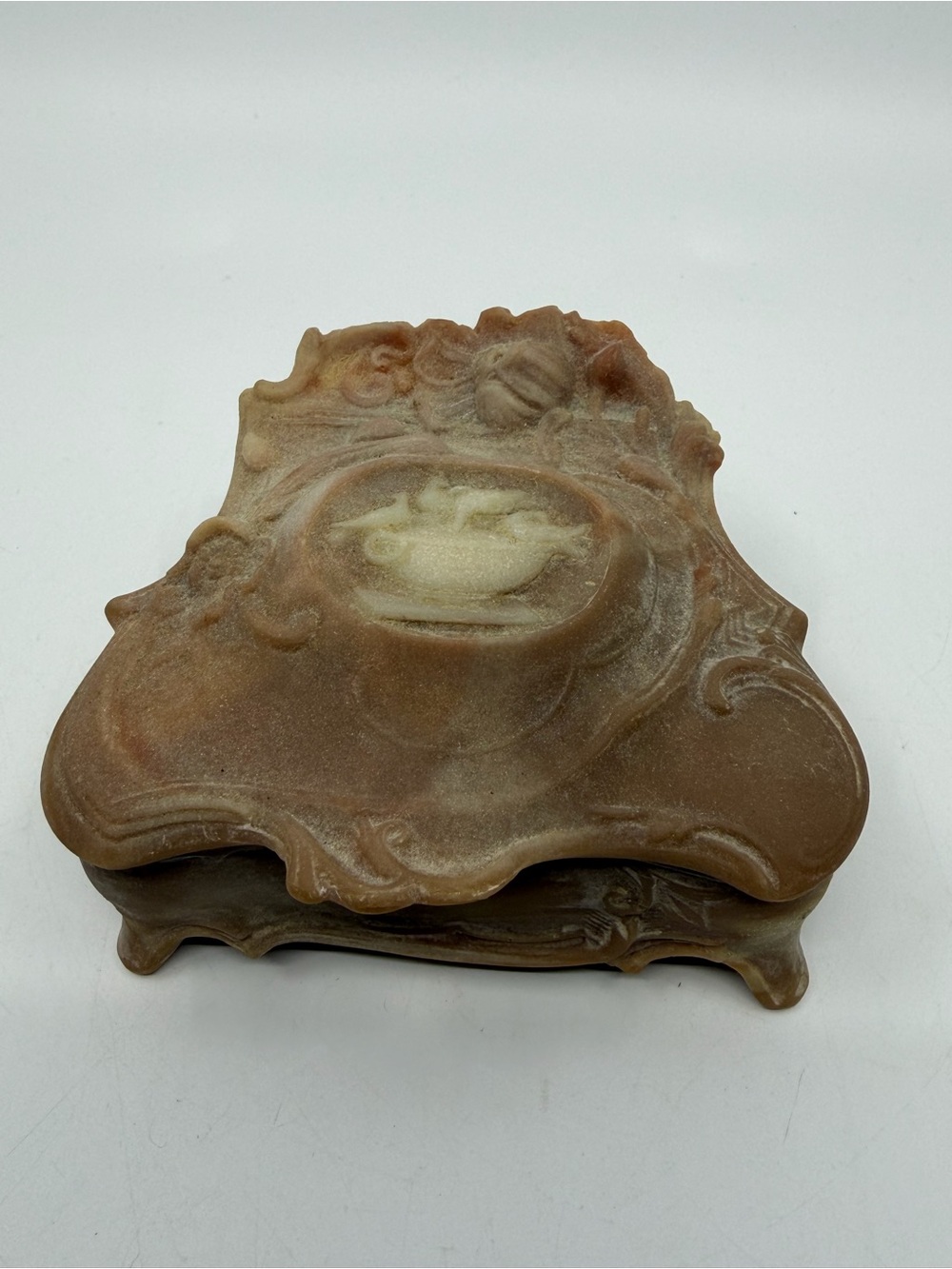 Ornate Incolay stone Carved Decorative Trinket Box in Brown